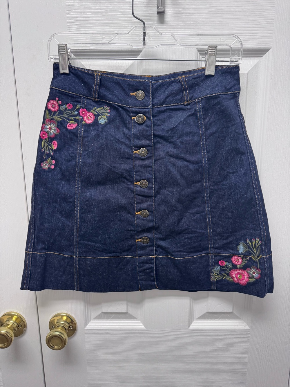 kate spade Navy Denim A-Line Skirt with Floral Embroidery
